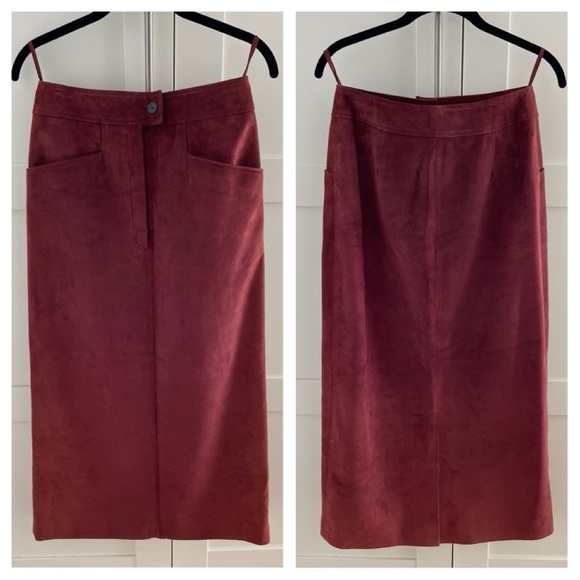Vintage YSL Yves Saint Laurent Burgundy Red Suede Midi Skirt Size 38 - Picture 1 of 6